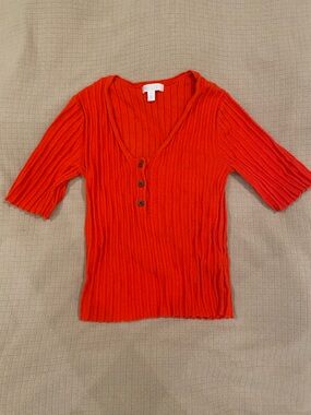 Abound Ribbed V-Neck Button Top with Three quarter length sleeves - Bright Red